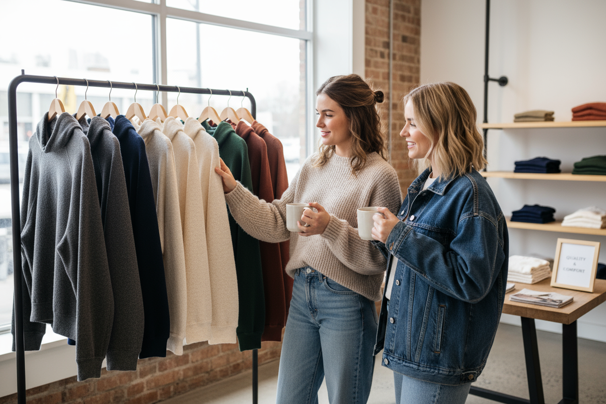 and 1 girls one hand  on hoodie and seeing QUALITY OF CLOTHES